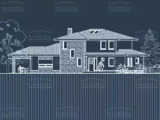 A kiválasztott, 2011 évben tervezett, A (2016 előtti, egybetűs besorolás) energetikai besorolású, Fsz+1Em szintekből álló, kontytető (betoncserép) tető kialakítású, sík terepen álló, vázkerámia falazóblokk falazatú, vakolat + kőburkolat homlokzati megjelenésű, mediterrán családi ház, 206m2 összes szintterülettel (Dunakeszi - Révdűlő) műszaki terv nézete. Az épület jelenlegi készültségi foka: elkészült.