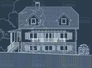 A kiválasztott, 2011 évben tervezett, B (2016 előtti, egybetűs besorolás) energetikai besorolású, P+Fsz+TT szintekből álló, kontytető (betoncserép) tető kialakítású, sík terepen álló, vázkerámia falazóblokk falazatú, vakolat + kőburkolat homlokzati megjelenésű, hagyományos tetőtér, 271m2 összes szintterülettel (Budapest - Rákoskert) műszaki terv nézete. Az épület jelenlegi készültségi foka: elkészült.