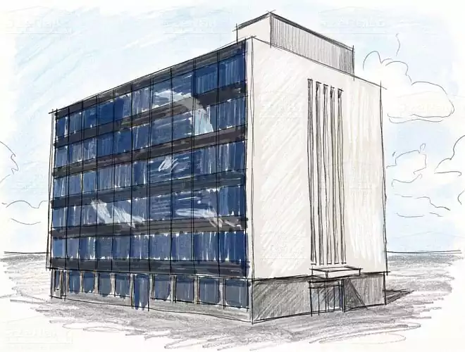 Modern Egyedi Raktárépület, 2650m2, Földszint+5 Emelet, Lapostető (Budapest-Gubacsidűlő) - Szabadkézi tömegvázlat (4. kép)