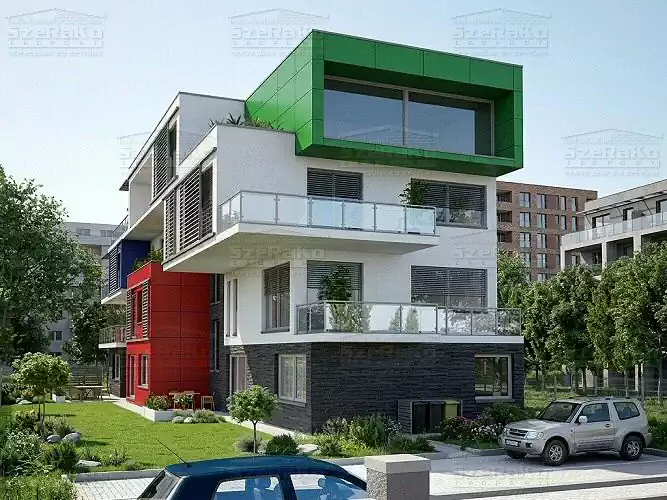 Blokkos elrendezésű kék-fehér-piros modern társasház, nagy teraszokkal